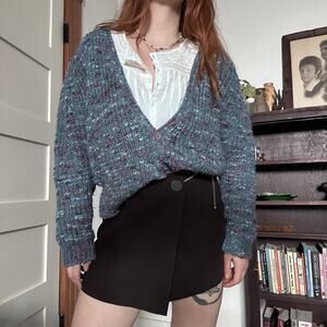 Vintage Bramble Lane Chunky Knit Cardigan Womens Size L Blue Puff Sleeve 90s Y2K